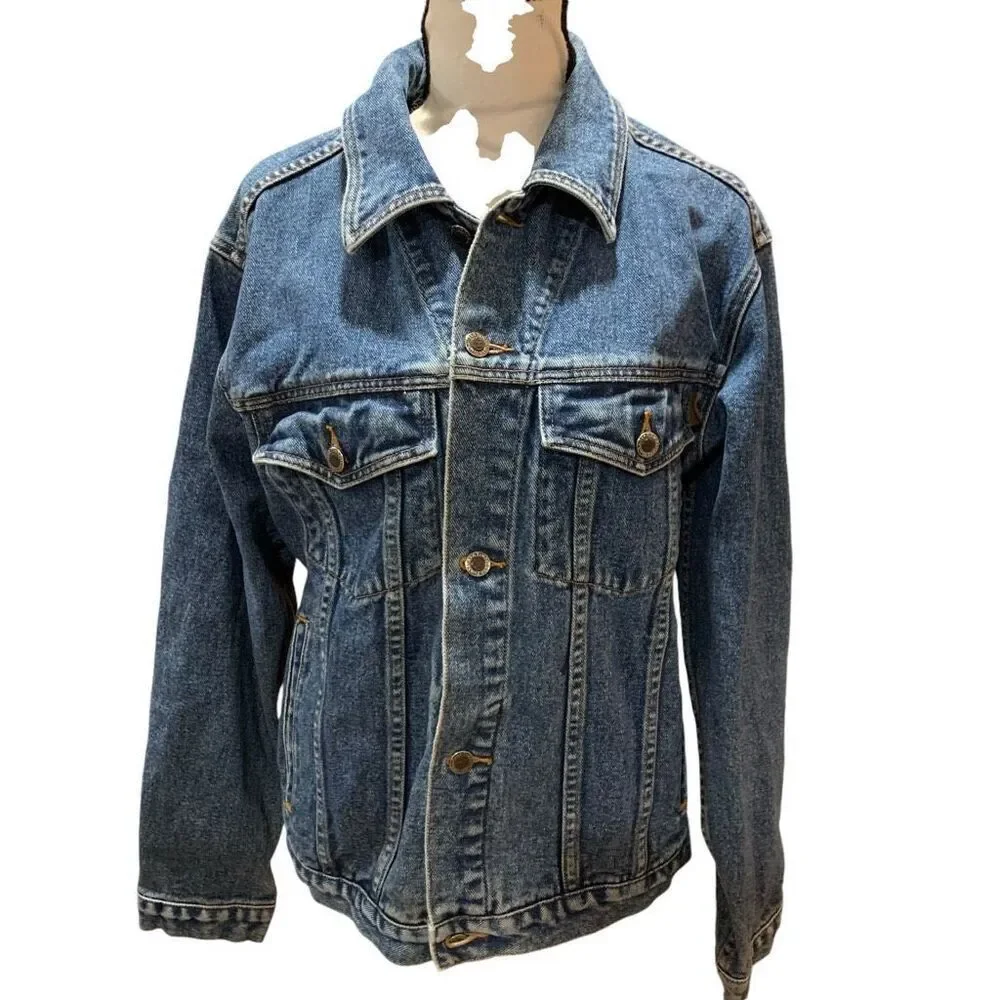 Timberland VTG 90s Jean Jacket Leather Trim Mid Wash Blue Western Trucker Men XS